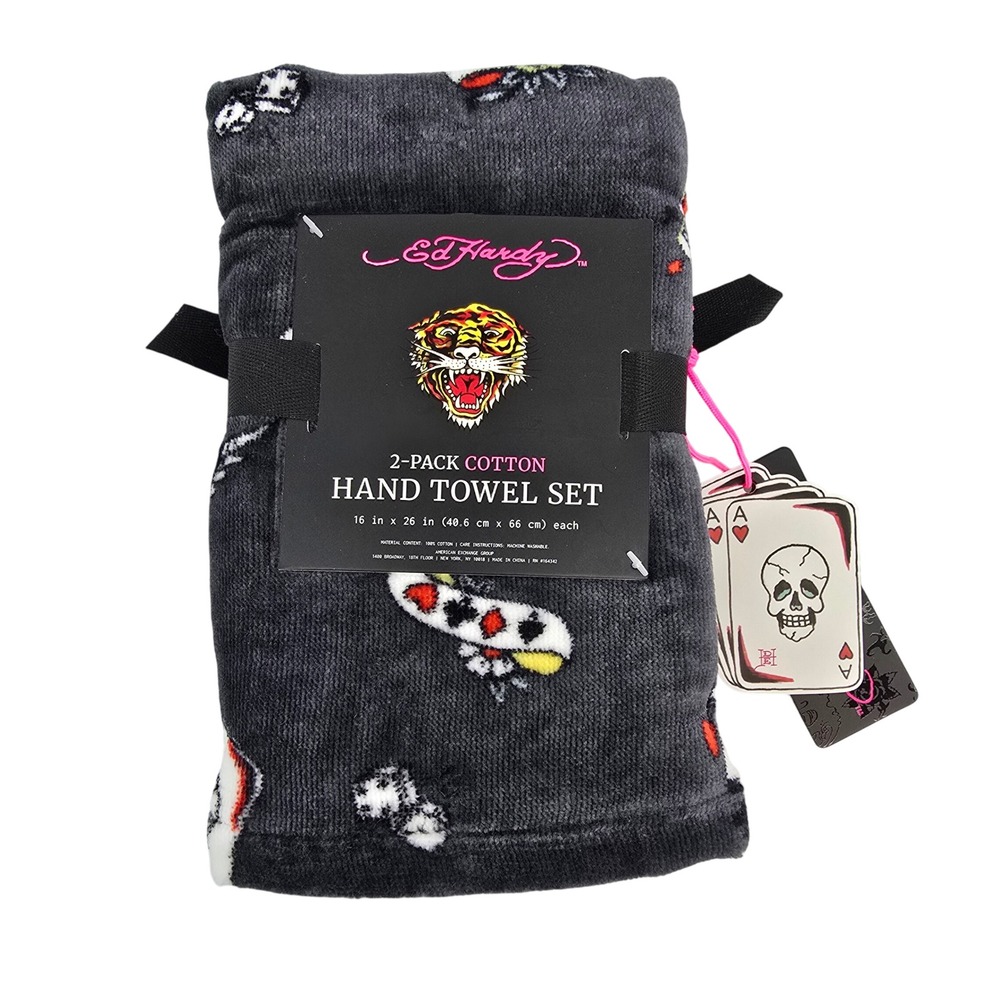 Ed Hardy 2-Pack Hand Towel Set Tiger Skull Tattoo Print Charcoal Grey Cotton
